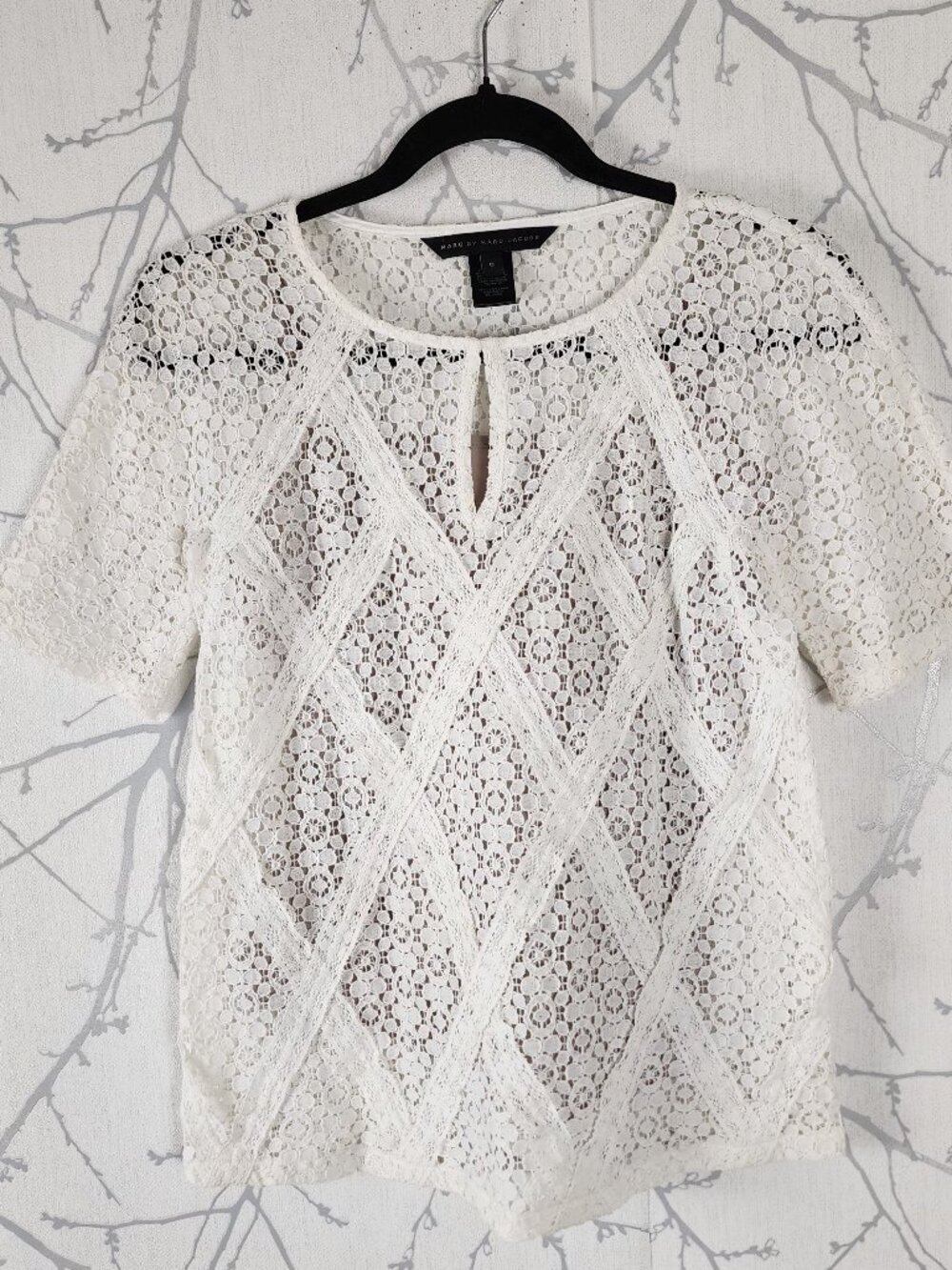 Marc by Marc Jacobs White Floral Lace Overlay Keyhole Top